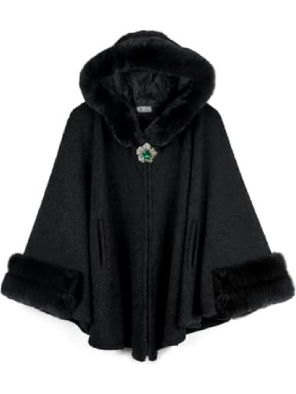 Luxurious Winter Cape Coat with Faux Fur Trim, Fleece Lined Hooded Poncho